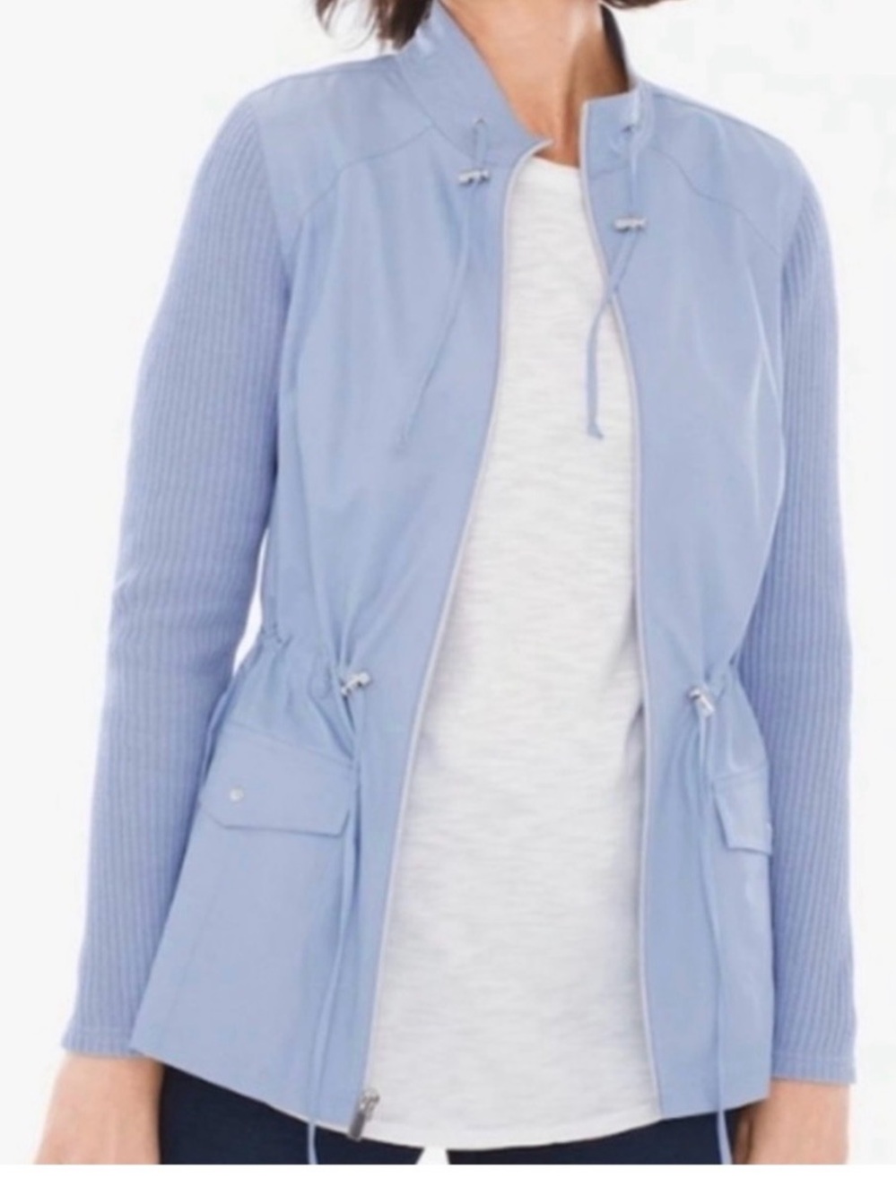 Chico's Zenergy Periwinkle Blue Utility Drawstring Knit Mix Jacket Size2 (12/14)